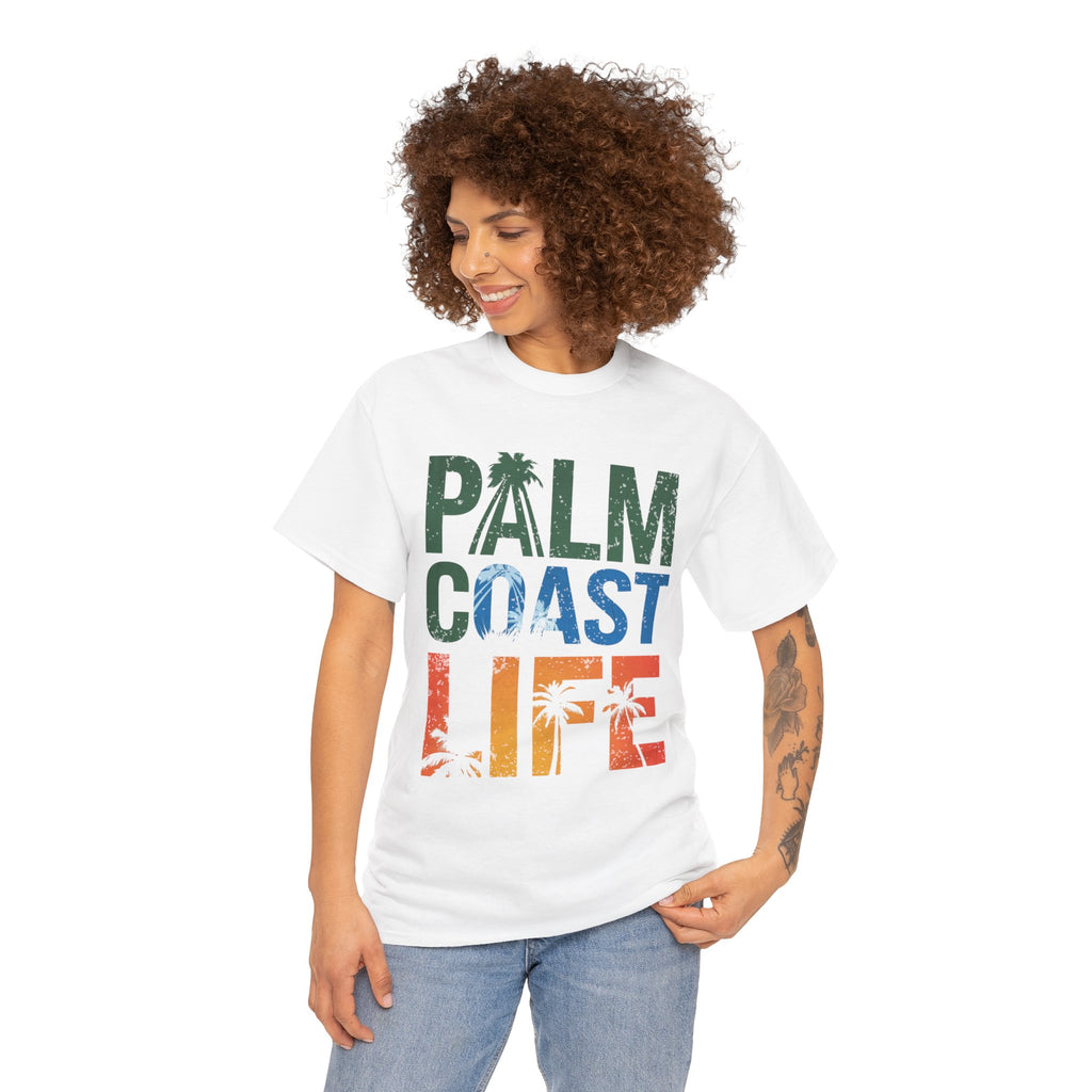 Palm Coast Life Unisex Heavy Cotton Tee, Vacation Shirt, Palm Tree Tee, Florida Lifestyle T-shirt, Summer Wear, Beach Gift